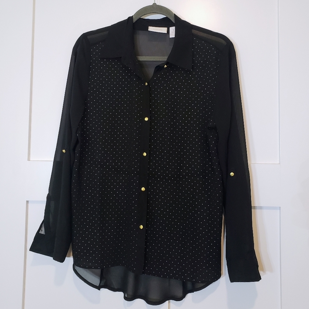 Chico's Button Down Tunic Blouse Black Gold Studs Sheer Hi low Size Medium/1